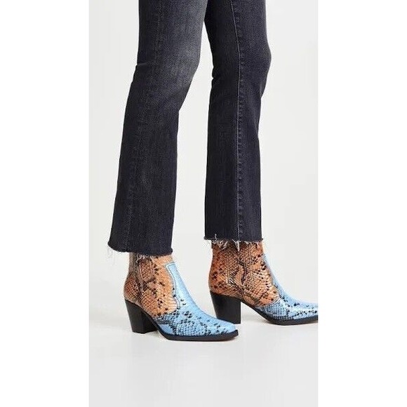 Ganni Two-tone Snake Embossed Leather Western Ankle Boots Blue Brown US 8 EUR38 - Picture 2 of 13